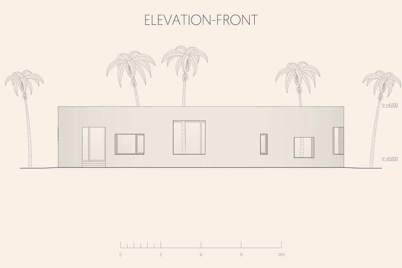 Front elevation drawing depicting horizontal facade with window openings and palm trees flanking each side