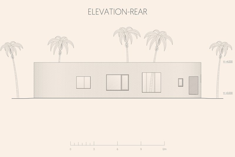Rear elevation drawing showing facade with varied window sizes and palm trees in the landscape