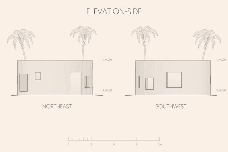 Side elevation drawing showing northeast and southwest facades with palm trees and window arrangements