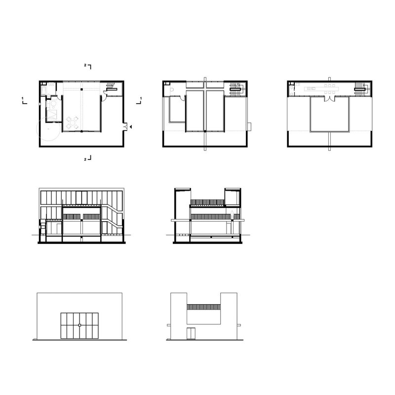 Multi-level floor plans, sections and elevations showing interior partitions and vertical circulation