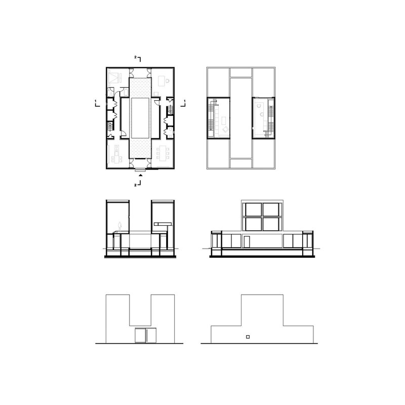 Floor plans and elevation drawings showing a residence with central courtyard and flanking rooms