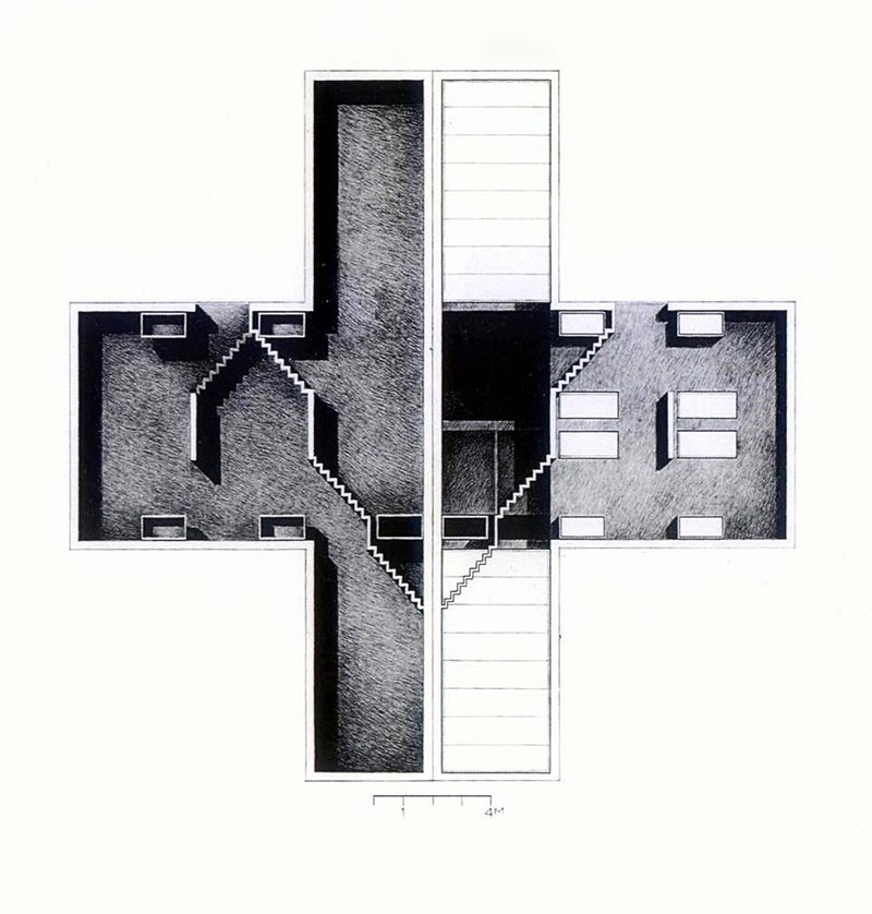 Floor plan drawing of a cruciform layout with central staircase connecting four wings