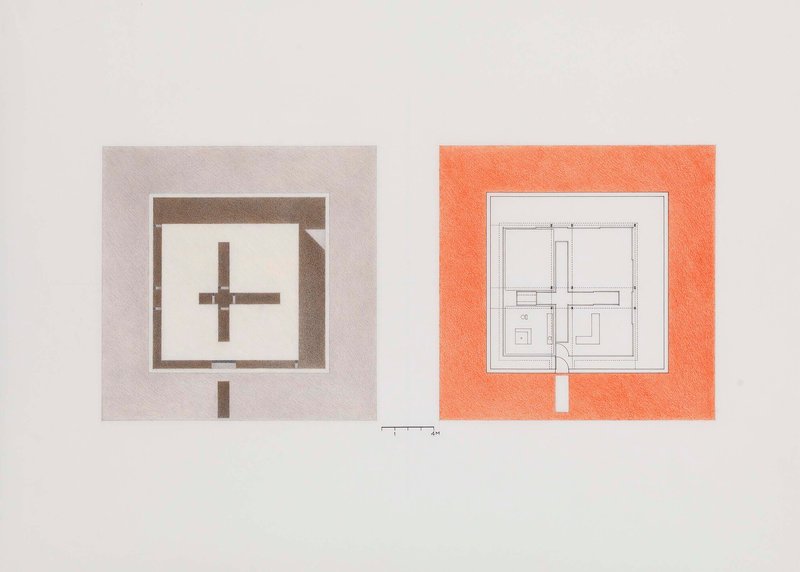 Paired plan drawings showing ground and upper levels with central circulation core
