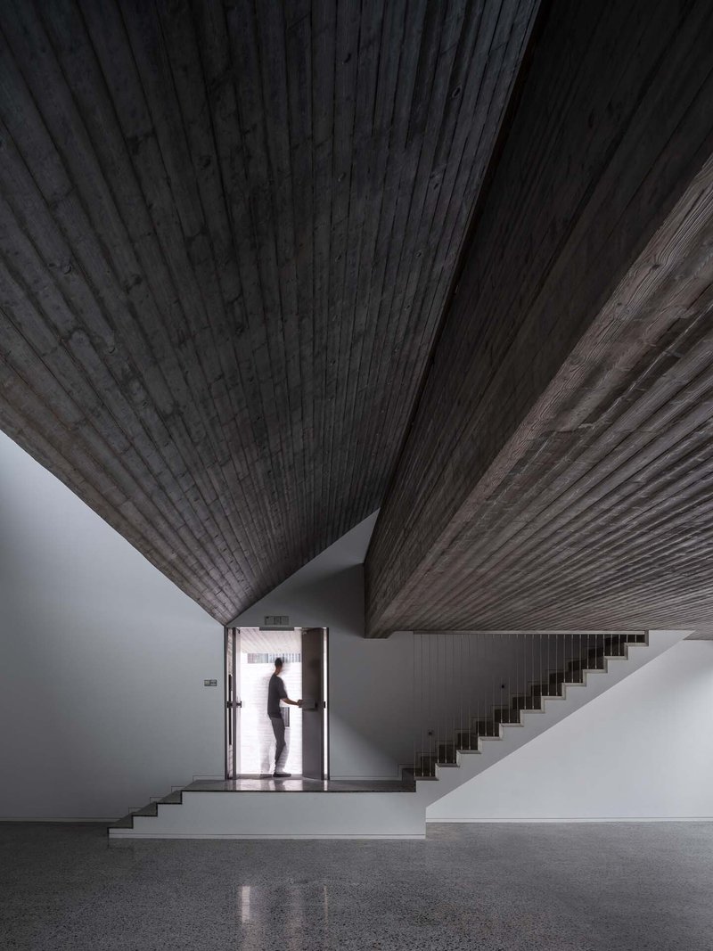 Double-height entry hall with angular timber ceiling planes and a figure silhouetted in the doorway