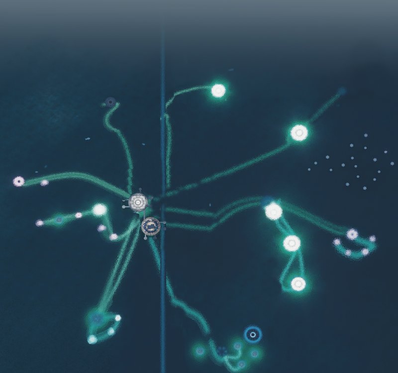 Illuminated marine network diagram visualizing underwater circulation and connected ocean habitats.