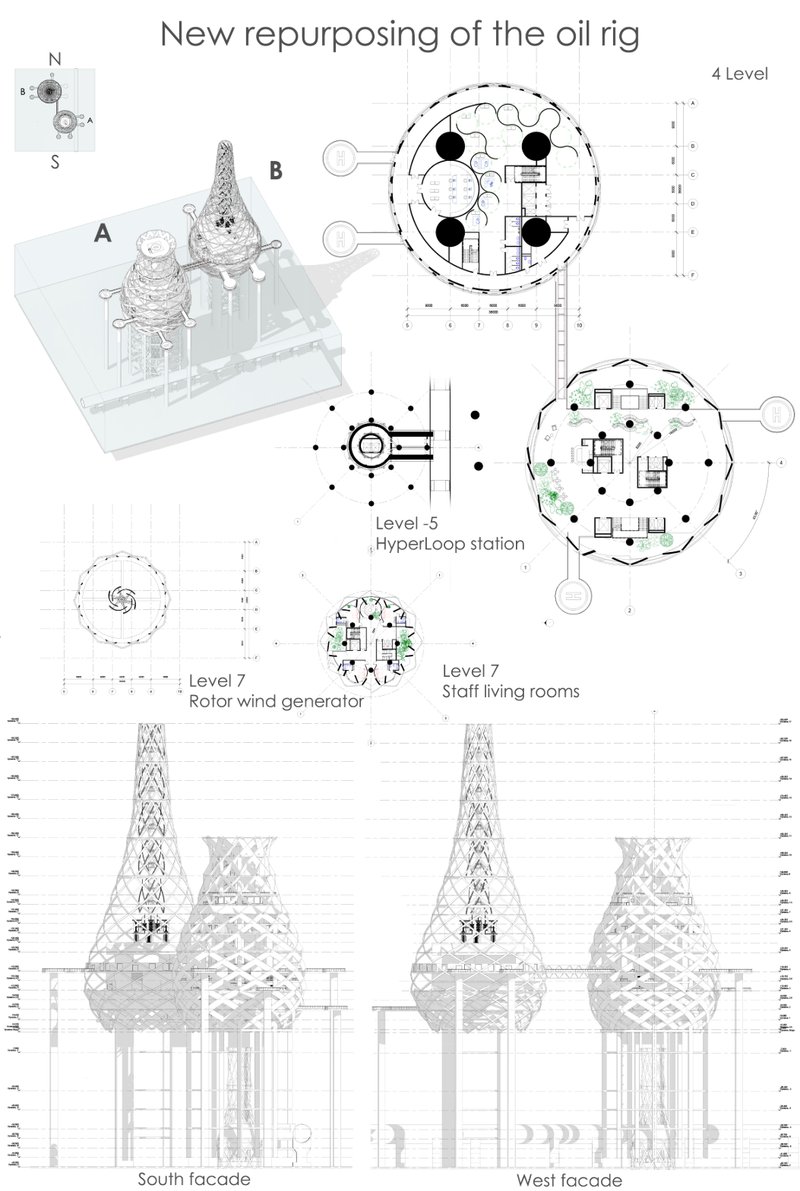 Adaptive reuse architecture proposal reimagining offshore oil infrastructure as a cultural and residential marine hub.