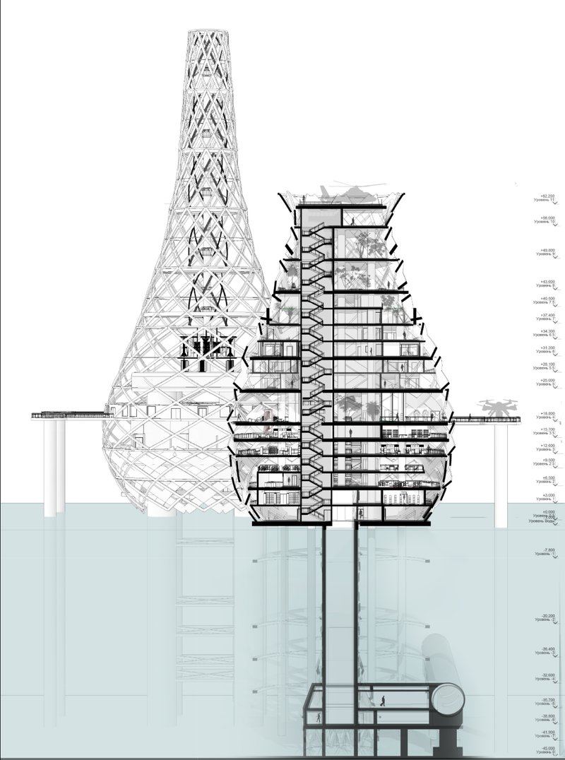 Sectional drawing revealing the layered spatial organization of the underwater architecture concept.