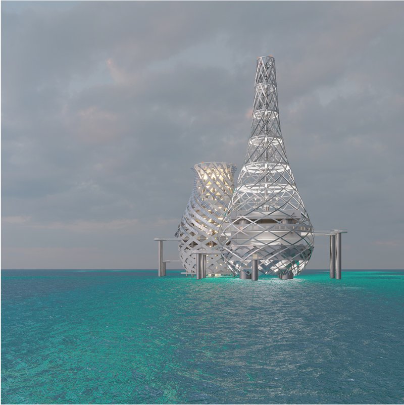 Sculptural offshore towers rising above the Adriatic Sea as symbols of futuristic ocean architecture.