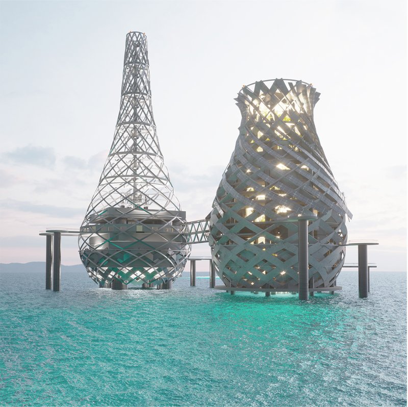 Parametric lattice structures create an iconic floating art village integrated with the marine environment.