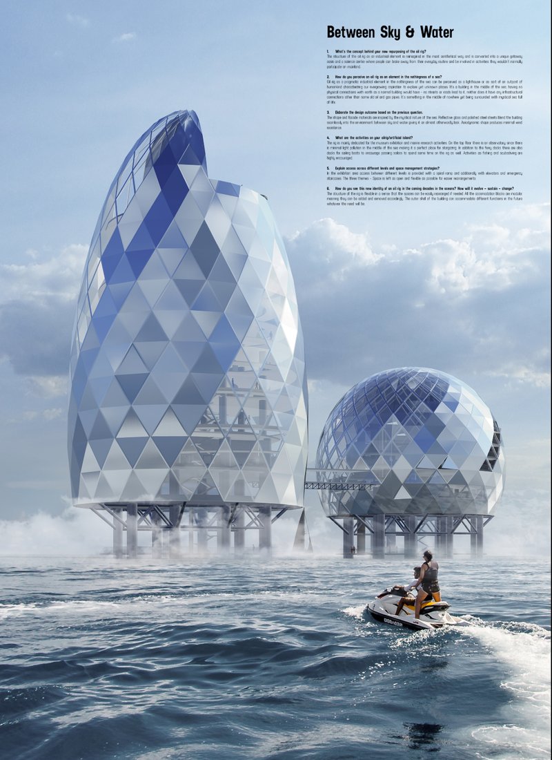 Futuristic offshore structures emerge between sea and sky, transforming abandoned oil rigs into immersive marine architecture.