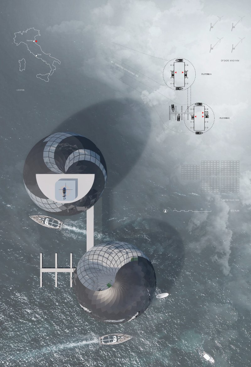 Aerial site plan showing interconnected ocean platforms designed for research, tourism, and sustainable offshore living.