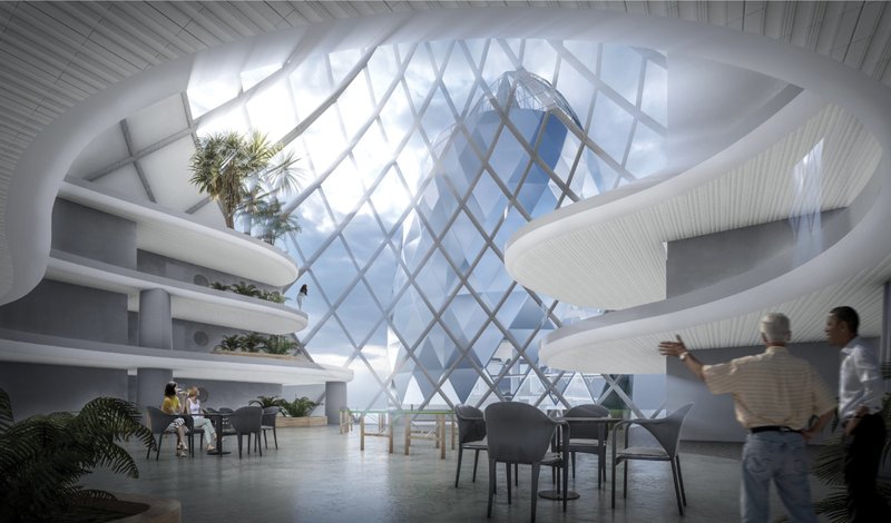 Light-filled interior spaces connect visitors with panoramic ocean views through the reflective geometric façade.