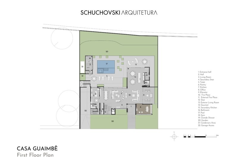 First floor plan drawing showing open living spaces arranged around pool and courtyard areas