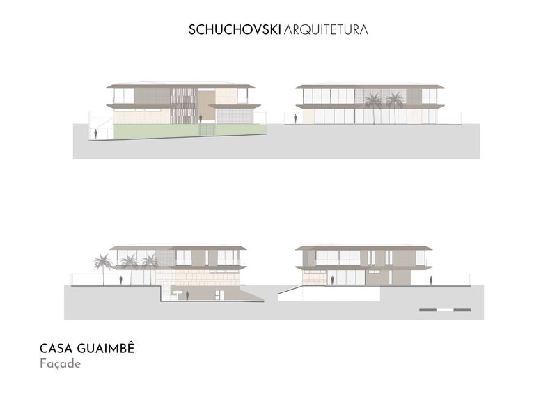 Elevation drawings showing four facade views of the horizontal volumes with palm trees