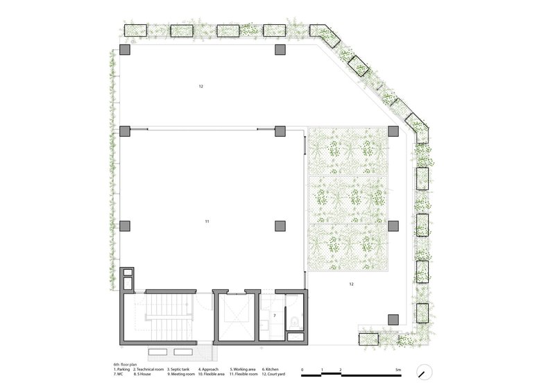 Floor plan drawing showing two open areas with a planted courtyard zone and perimeter landscaping