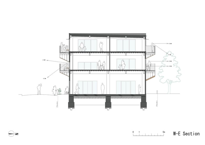 West-east section drawing revealing three stacked floor levels with concrete slabs, balconies, and rooftop plant room