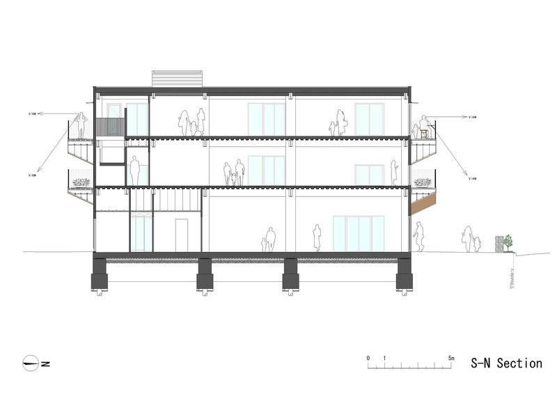 South-north section drawing showing staggered balconies, central stair void, and structural foundation piers with figures for scale