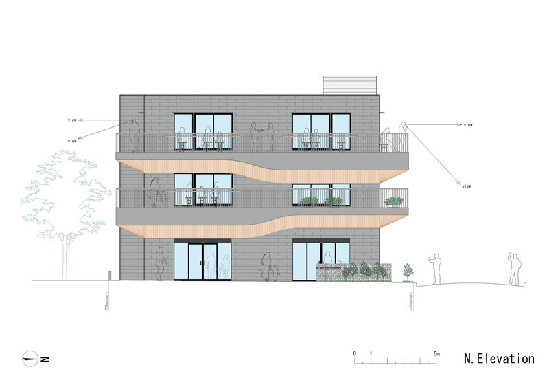 North elevation drawing showing three-story brick facade with recessed balconies and timber-clad wavy floor plates