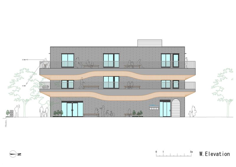 West elevation drawing showing layered facade with undulating timber bands between grey brick and glazed openings