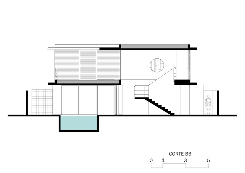 Section drawing showing a two-story residence with an internal staircase and a pool at ground level