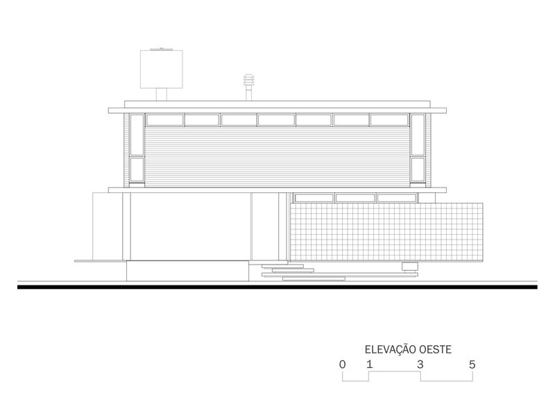 West elevation drawing revealing clerestory windows and a screened enclosure at the lower level