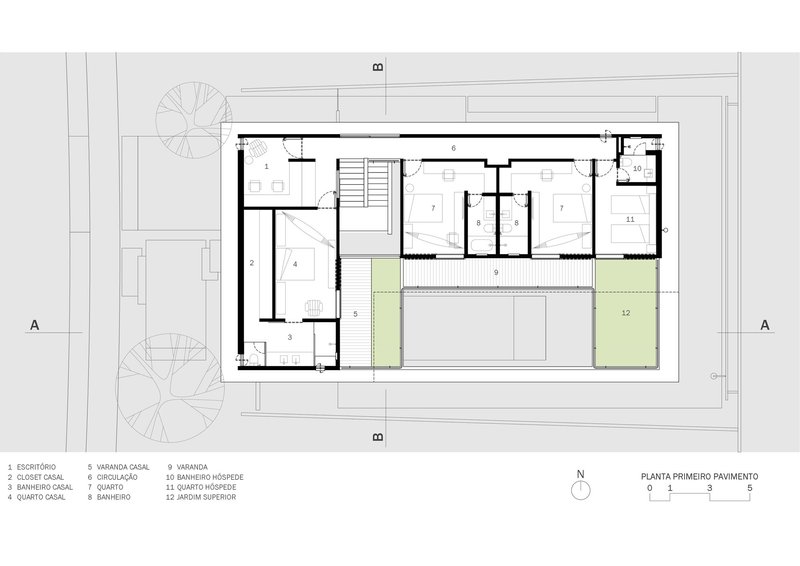 First floor plan drawing showing bedrooms and circulation around a central courtyard void