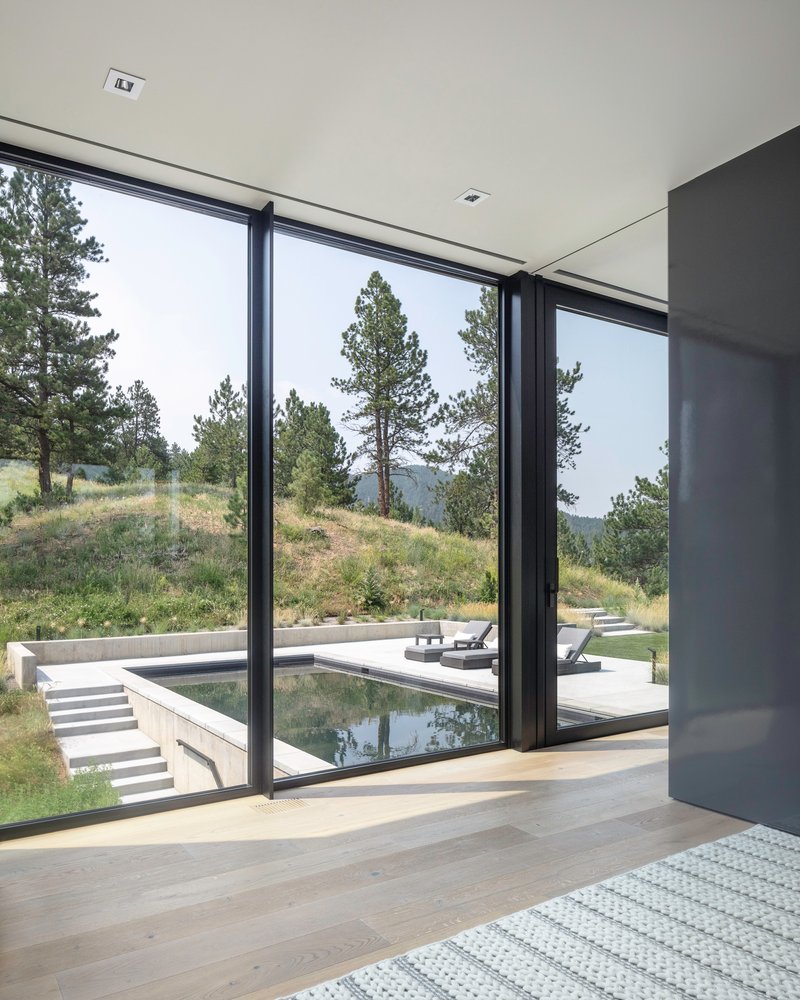 Interior view through black-framed glazing to an exterior pool terrace with pine trees beyond
