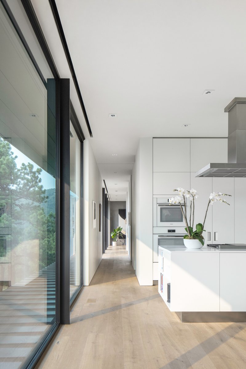 Galley kitchen with white cabinetry along a corridor with continuous glazing overlooking trees