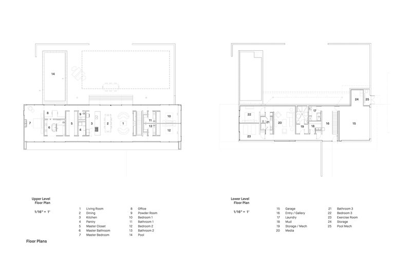Floor plan drawings showing upper and lower levels with numbered room layouts