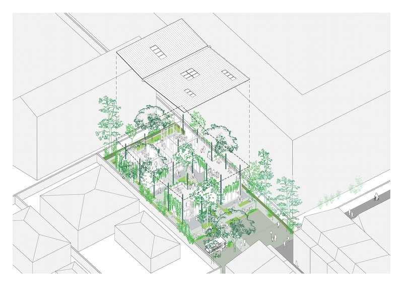 Axonometric drawing depicting a courtyard filled with planted trees between building volumes