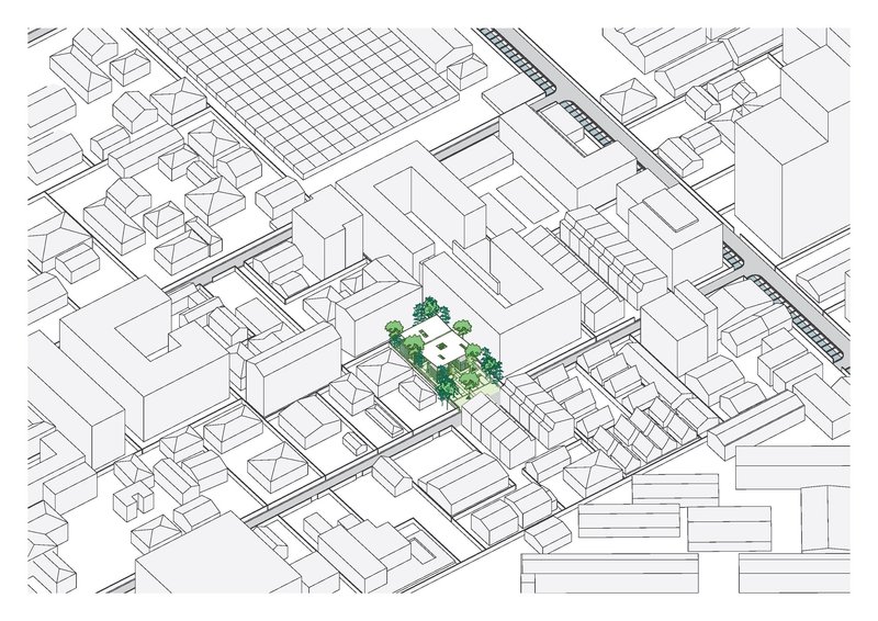 Isometric drawing showing the landscaped courtyard within a dense urban block