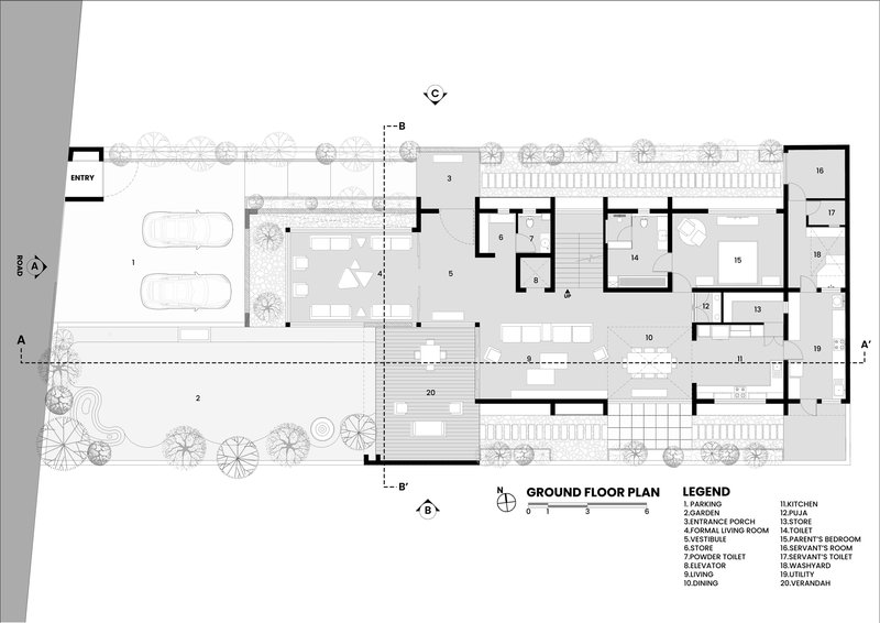 Ground floor plan drawing showing parking, entrance porch, living areas, bedrooms, and landscaped courtyards
