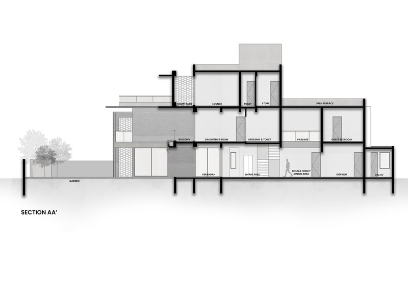 Section drawing showing split-level interior spaces with a garden tree at the left edge