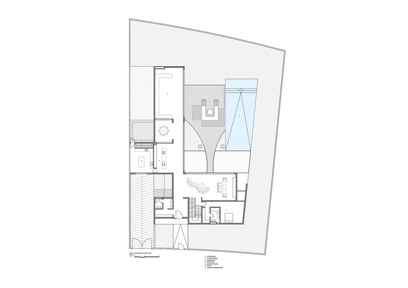 Floor plan drawing showing an angled site with pool, terraces, and interior rooms