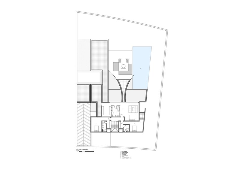 Floor plan drawing showing upper level with branching terrace and pool areas