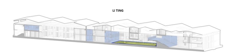 Longitudinal section drawing showing undulating roofline above blue highlighted interior volumes and a green courtyard strip