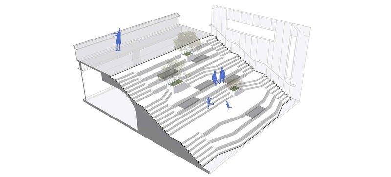 Axonometric drawing of terraced steps with figures, trees and white striped surface under a canopy