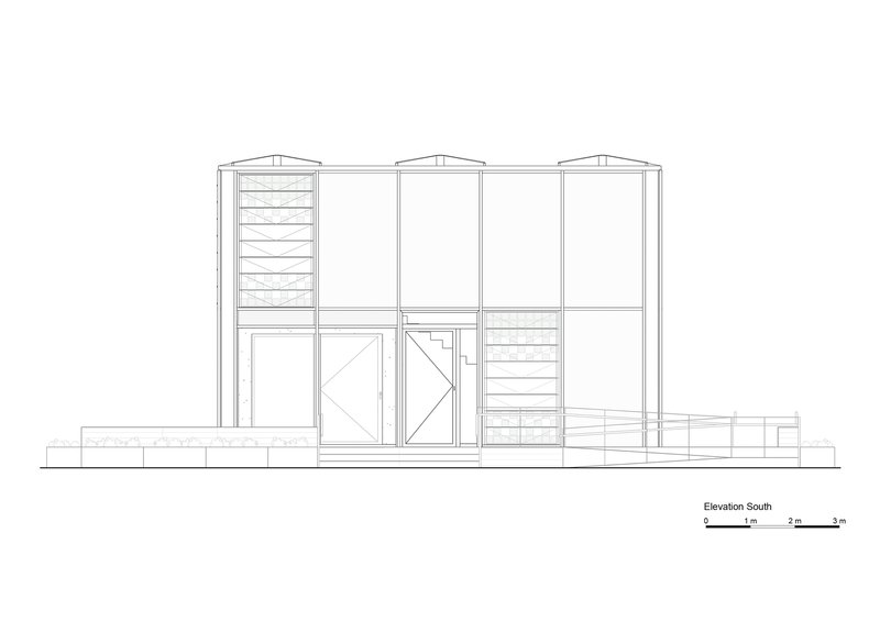 South elevation drawing featuring central double doors flanked by louvered sections under three curved vault roofs