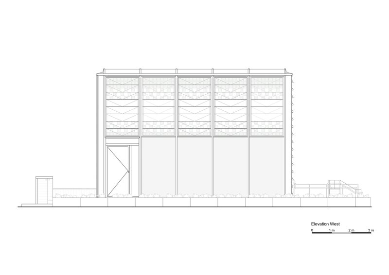West elevation drawing displaying horizontal louvered upper panels above solid lower walls with adjacent small structures