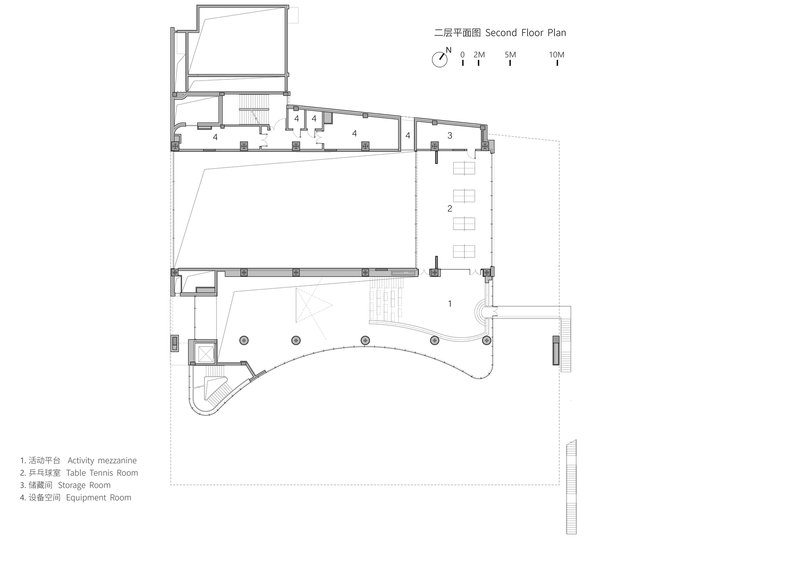 Second floor plan showing mezzanine, table tennis room, and open curved gathering space