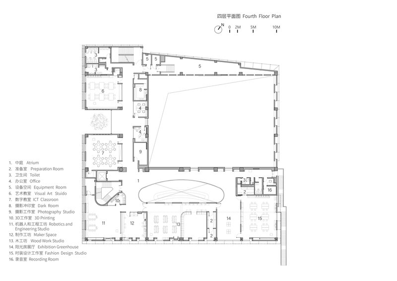 Fourth floor plan showing maker spaces, studios, offices, and exhibition greenhouse along the perimeter