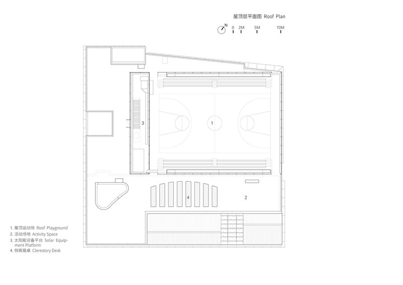 Roof plan showing basketball court, playground, solar equipment platform, and ceremonial deck