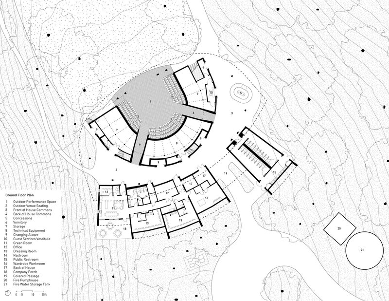 Ground floor plan drawing showing curved seating area and adjacent rectilinear program spaces with topography
