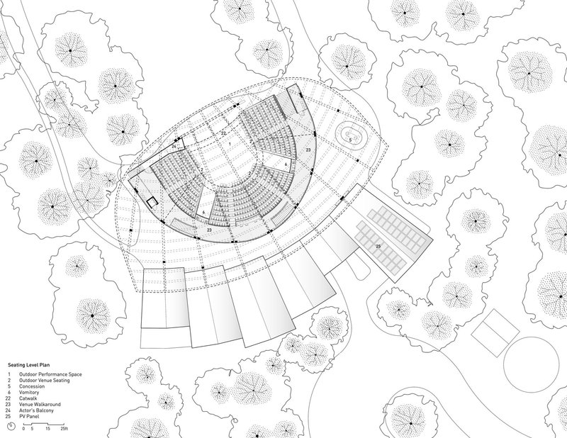 Seating level plan showing the curving performance space with tiered seating surrounded by native trees