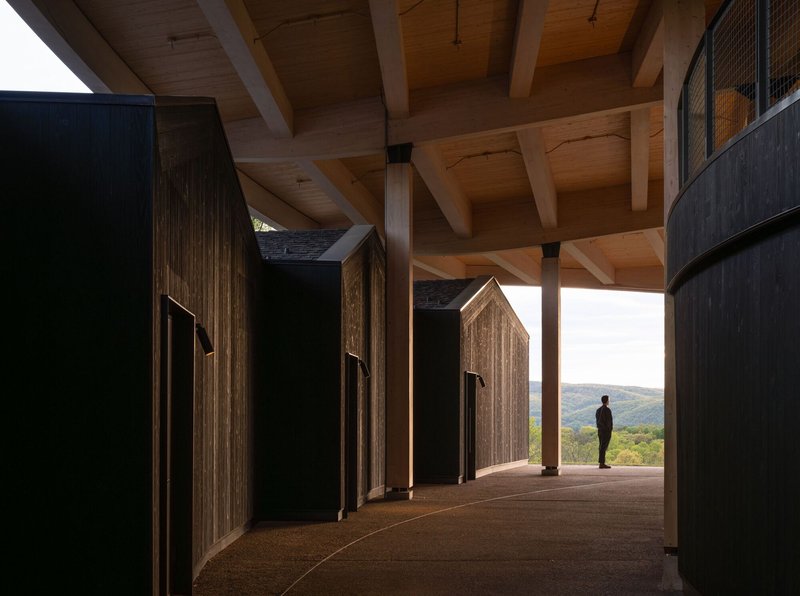 Sheltered passage with timber-clad house-shaped volumes under exposed beam ceiling and mountain view