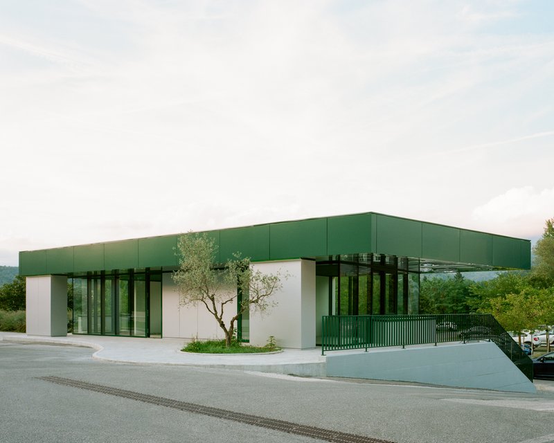 Long view of the green panel roof floating above glass and white volumes beside a roadway