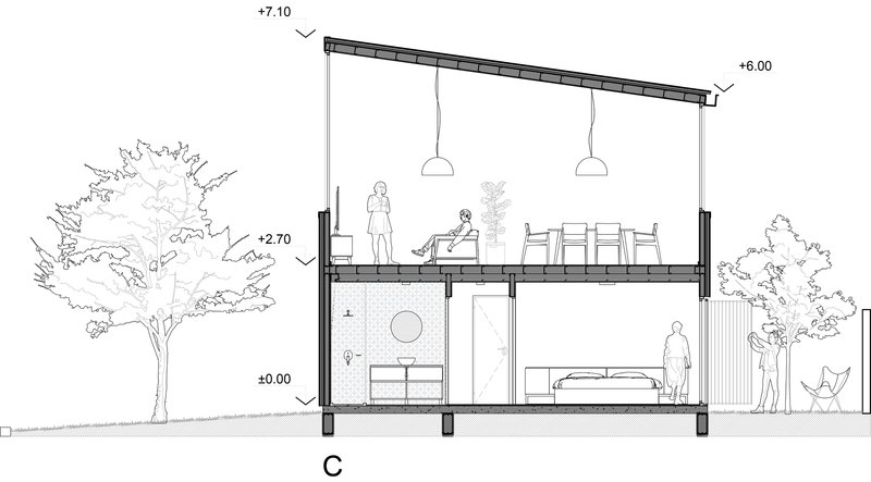 Section drawing showing two-story residence with sloped roof and trees flanking both sides