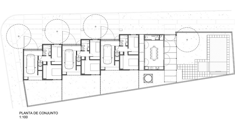 Site plan drawing depicting three attached residential units with circular tree canopies and rectangular pool
