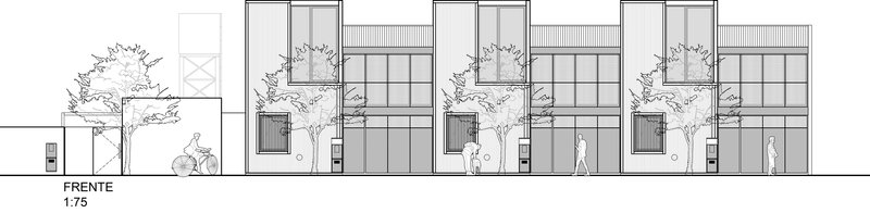 Elevation drawing showing facade with alternating glazed openings and planted courtyards between structural bays