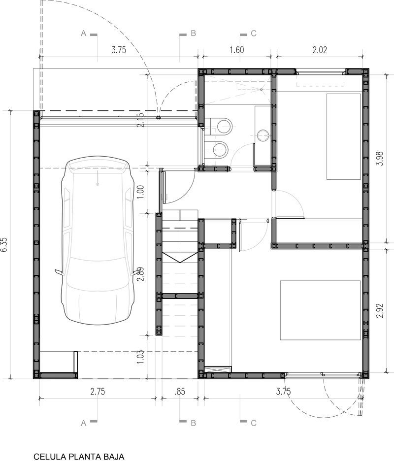 Ground floor plan drawing showing a compact dwelling unit with carport and bathroom